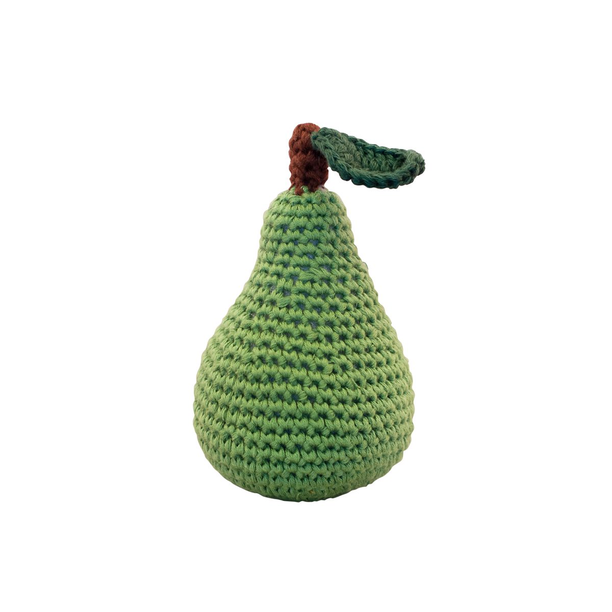 A crocheted PEAR rattle